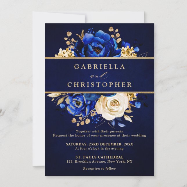 Royal Blue Yellow Gold Floral Bridal Shower Invita Invitation (Front)