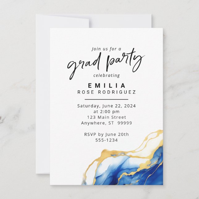 Royal Blue Yellow Gold Grad Party Invitation (Front)