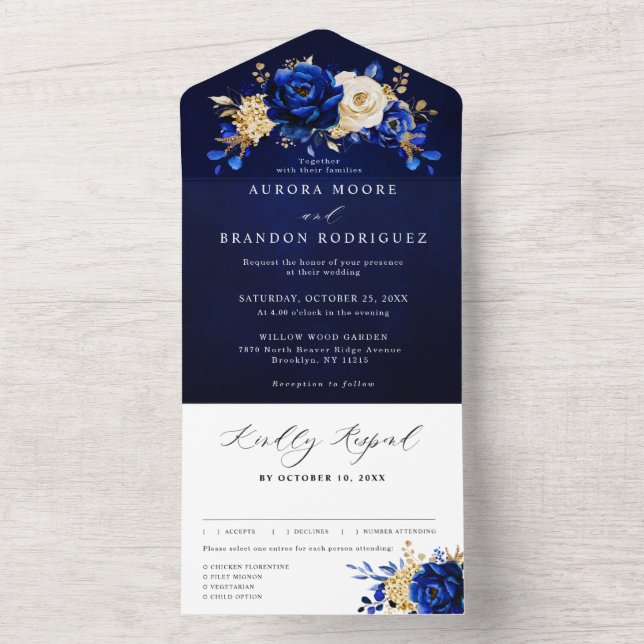 Royal Blue Yellow Gold Metallic Floral Wedding All In One Invitation (Inside)