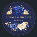 Royal Blue Yellow Gold Metallic Floral Wedding Cla Classic Round Sticker<br><div class="desc">Elegant royal blue gold theme wedding round sticker featuring elegant bouquet of royal blue,  Navy,  gold,  yellow  colour rose flowers buds and eucalyptus leaves. Please contact me for any help in customization or if you need any other product with this design.</div>