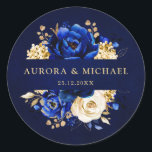 Royal Blue Yellow Gold Metallic Floral Wedding Cla Classic Round Sticker<br><div class="desc">Elegant royal blue gold theme wedding round sticker featuring elegant bouquet of royal blue,  Navy,  gold,  yellow  colour rose flowers buds and eucalyptus leaves. Please contact me for any help in customization or if you need any other product with this design.</div>