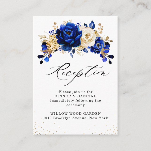 Royal Blue Yellow Gold Metallic Floral Wedding Enclosure Card (Front)