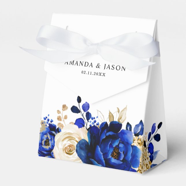 Royal Blue Yellow Gold Metallic Floral Wedding Favor Box (Front Side)
