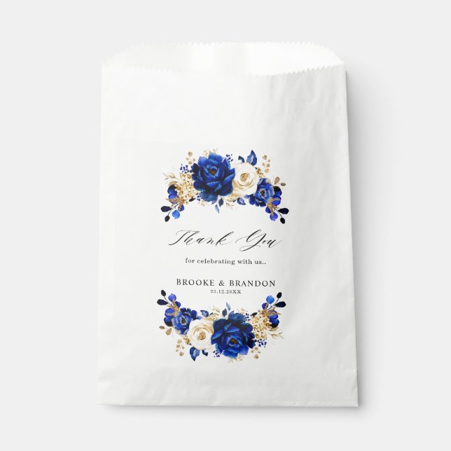Royal Blue Yellow Gold Metallic Floral Wedding Favour Bag (Front)