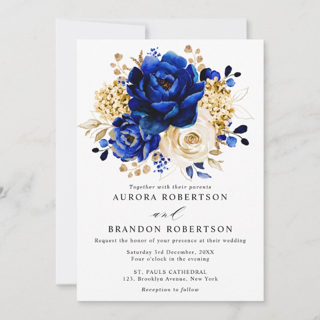Royal Blue Yellow Gold Metallic Floral Wedding Invitation (Front)