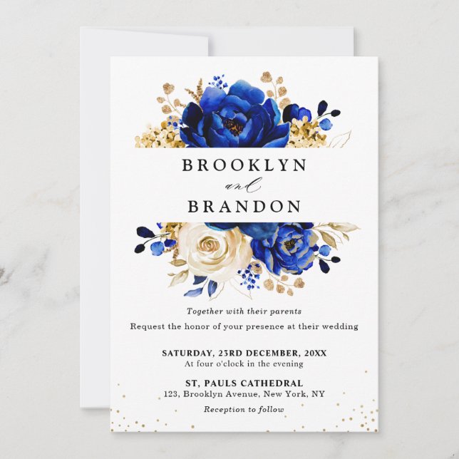 Royal Blue Yellow Gold Metallic Floral Wedding Invitation (Front)