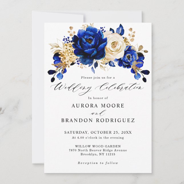 Royal Blue Yellow Gold Metallic Floral Wedding Invitation (Front)