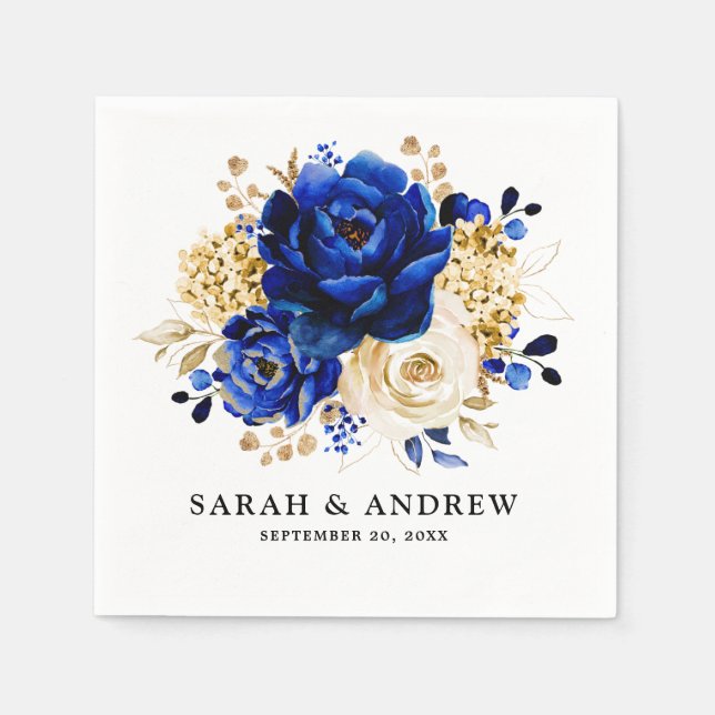 Royal Blue Yellow Gold Metallic Floral Wedding Napkin (Front)