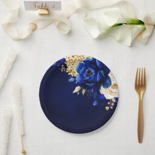 Royal Blue Yellow Gold Metallic Floral Wedding Pap Paper Plate