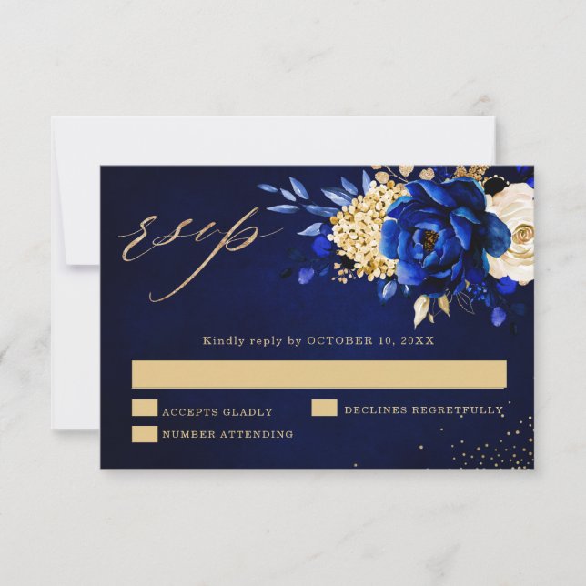 Royal Blue Yellow Gold Metallic Floral Wedding RSV RSVP Card (Front)