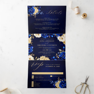 Royal Blue Yellow Gold Metallic Floral Wedding Tri Tri-Fold Announcement