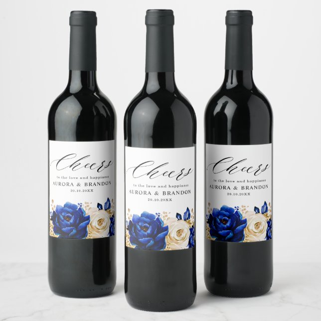 Royal Blue Yellow Gold Metallic Floral Wedding Wine Label (Bottles)