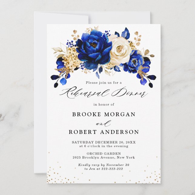 Royal Blue Yellow Gold Metallic Rehearsal Dinner Invitation (Front)