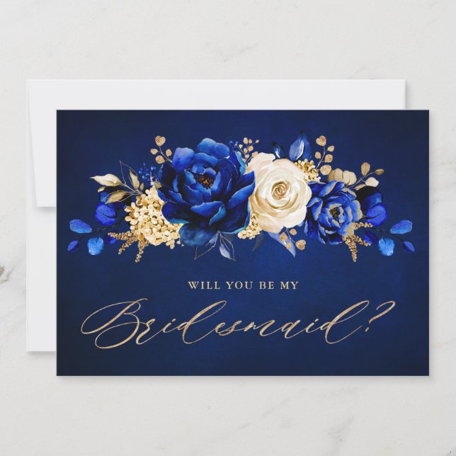 Royal Blue Yellow Gold Will you be my Bridesmaid I Invitation (Front)