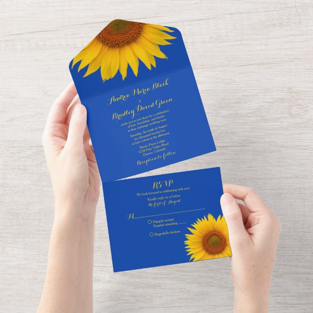 Royal Blue Yellow Sunflower Wedding RSVP All In One Invitation (Tearaway)