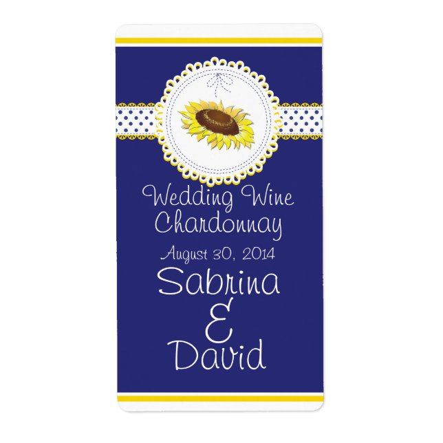Royal Blue Yellow Sunflowers Wedding Wine Label (Front)