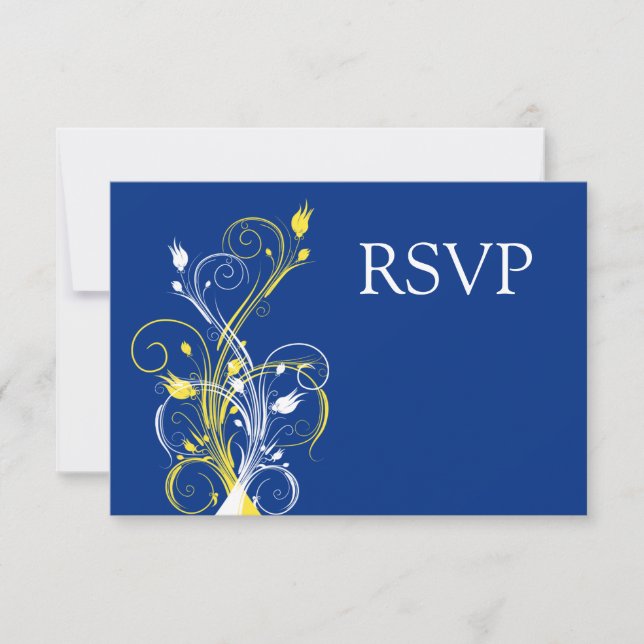 Royal Blue, Yellow, White Floral Wedding RSVP Invitation (Front)