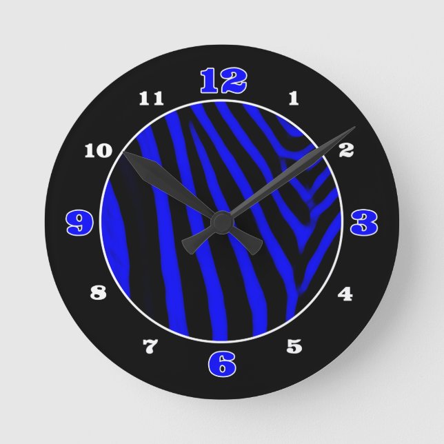 Royal Blue Zebra Animal Print Numbered Round Clock (Front)