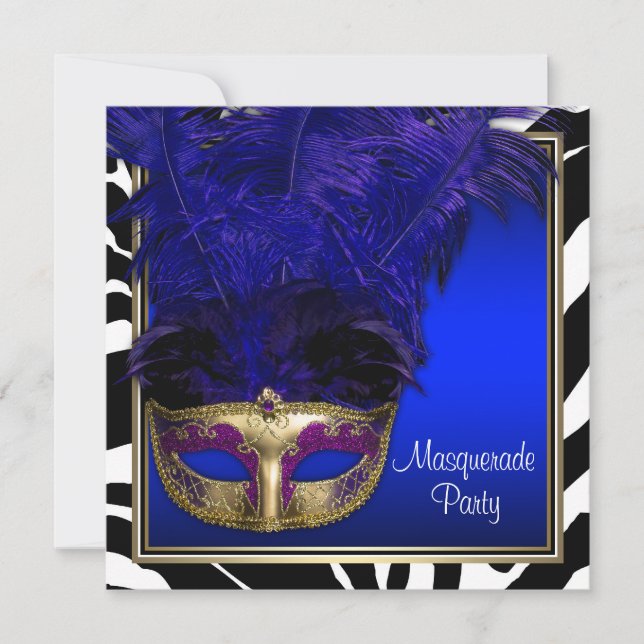 Royal Blue Zebra Masquerade Party Invitations (Front)