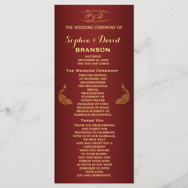 Royal Bourgogne Gold Peacock Programme de mariage  (Devant)