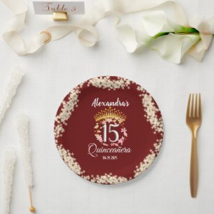 Royal Burgandy Vintage Boho Quinceañera Spanish Paper Plate