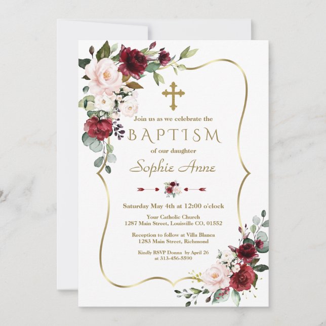Royal Burgundy Blush Floral Gold Frame Baptism Invitation (Front)