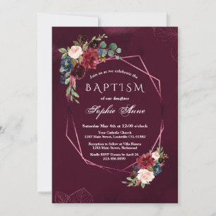 Royal Burgundy Floral Geometric Girl Baptism Invitation