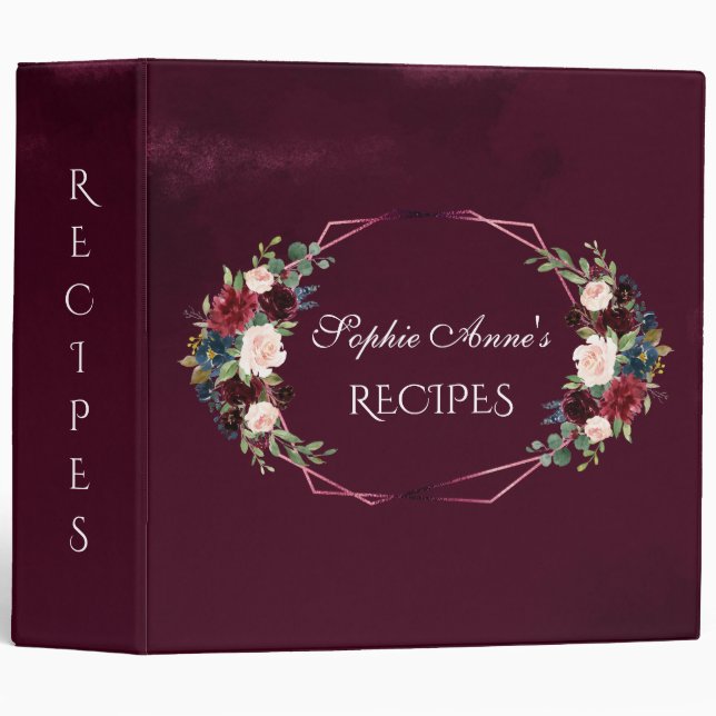 Royal Burgundy Floral Geometric RECIPES Binder (Front/Spine)