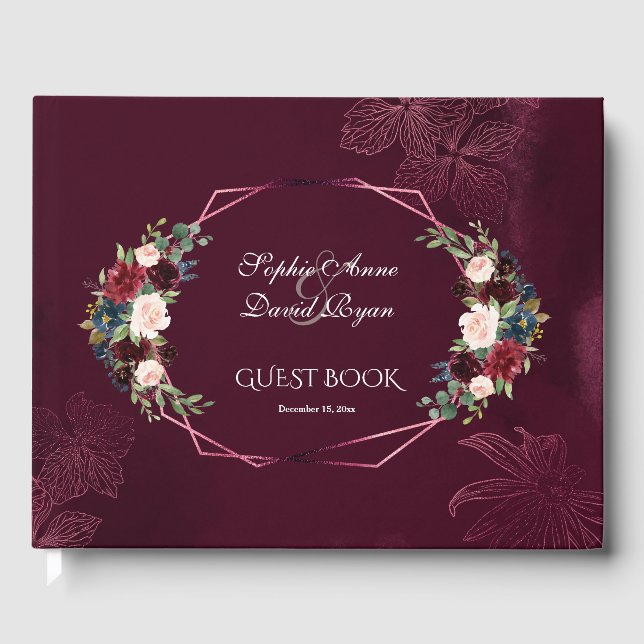 Royal Burgundy Floral Geometric Wedding Guest Book (Front)