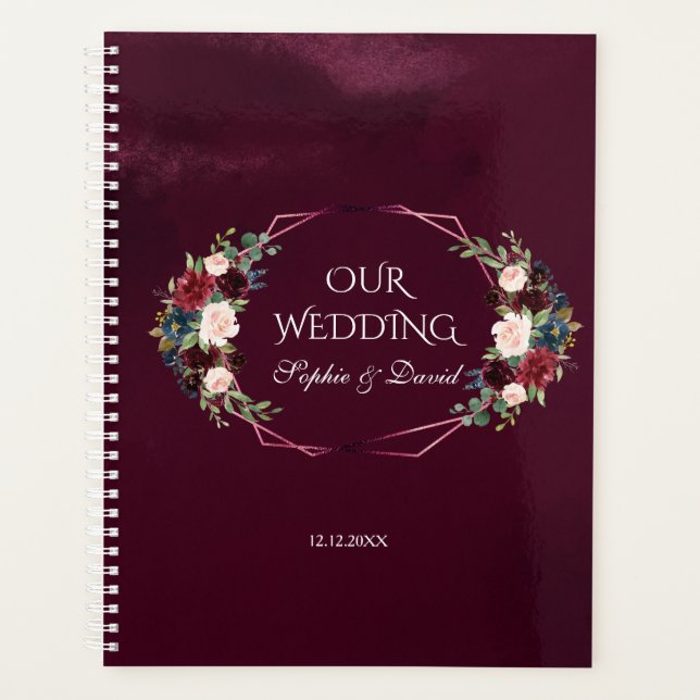 Royal Burgundy Floral Geometric Wedding Planner (Front)