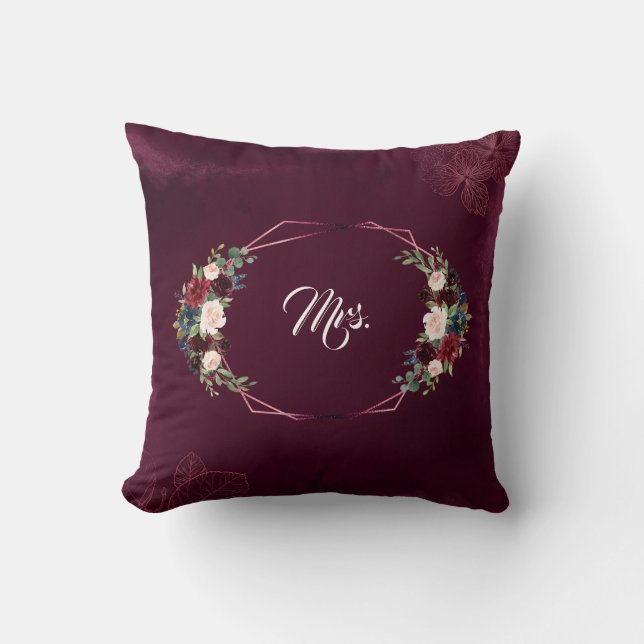 Royal Burgundy Floral Geometric Wedding Throw Pillow (Front)