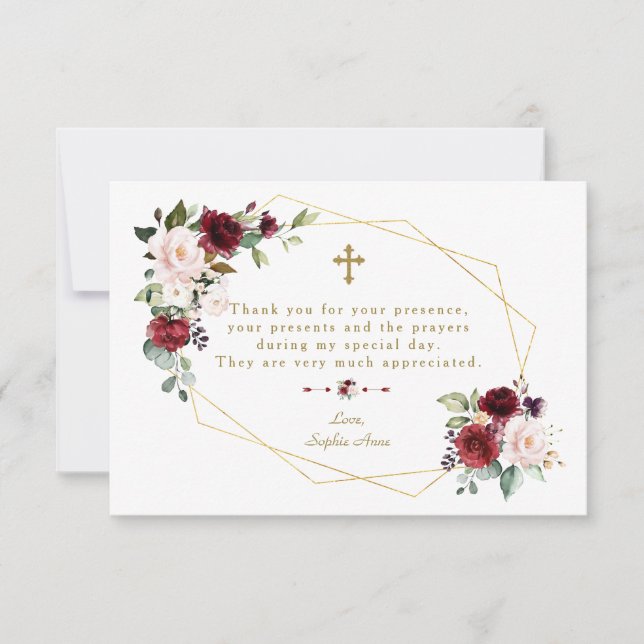 Royal Burgundy Flowers Gold Frame Cross Baptism Thank You Card (Front)