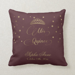 Royal Burgundy Gold Mis Quince Script Quinceañera Throw Pillow