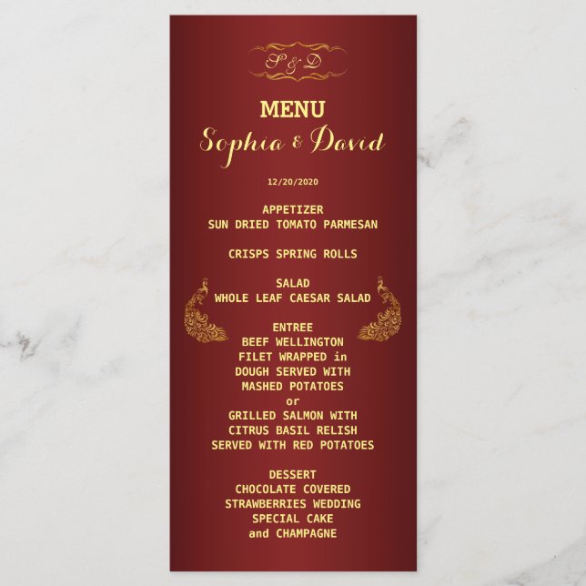 Royal Burgundy Gold Peacock Mariage Menu Personnal (Devant)