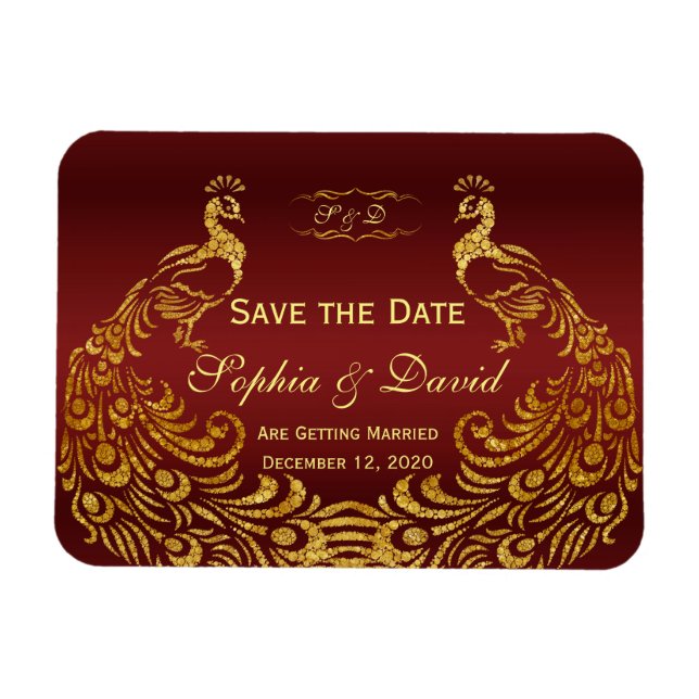 Royal Burgundy Gold Peacock Wedding SAVE THE DATE Magnet (Horizontal)
