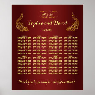 Royal Burgundy Gold Peacock Wedding Seating Chart