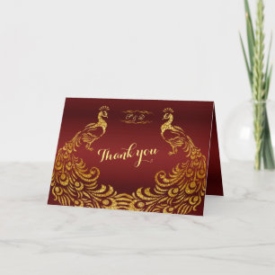 Royal Burgundy Gold Peacock Wedding THANK YOU Card