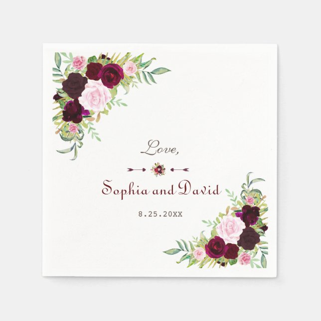 Royal Burgundy Marsala Floral Wedding Napkin (Front)