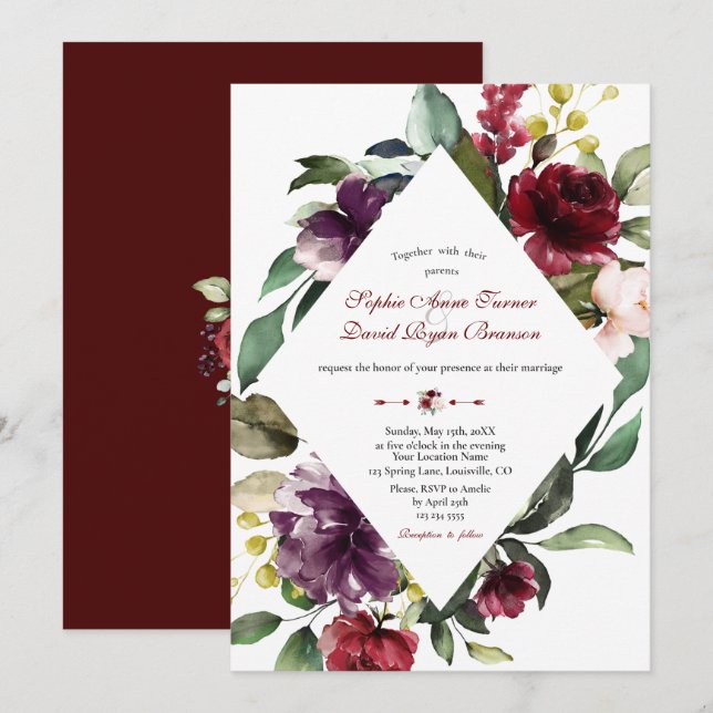 Royal Burgundy Plum Blush Flowers Wedding Invitation (Front/Back)