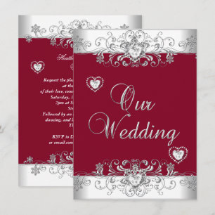 Royal Burgundy Red Wedding Silver Diamond Hearts Invitation