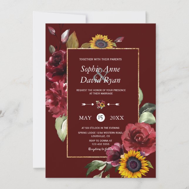 Royal Burgundy Sunflower Gold Wedding Invitation (Front)