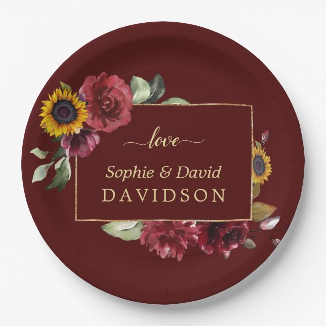 Royal Burgundy Sunflower Gold Wedding Paper Plate (Front)