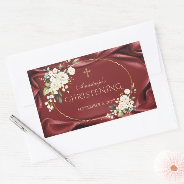 Royal Burgundy  White Flowers Gold Christening Sticker (Envelope)