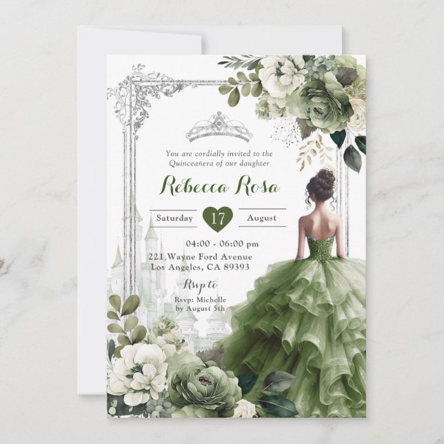 Royal Castle  Princess Silver Sage Green 15 Años Invitation (Front)
