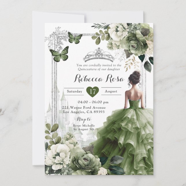 Royal Castle  Princess Silver Sage Green 15 Años Invitation (Front)