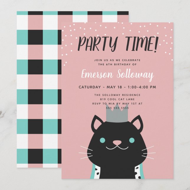 Royal Cat Pink Kids Birthday Party Invitation (Front/Back)