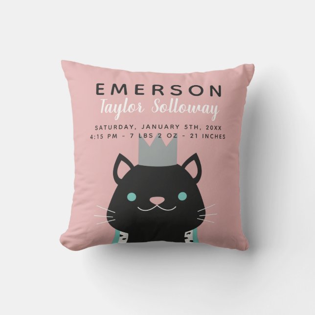 Royal Cat with Crown Birth Stats Throw Pillow (Front)