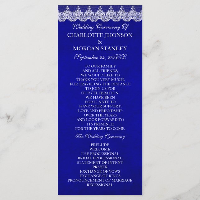 Royal Cobalt Blue White Lace Wedding Program (Front)