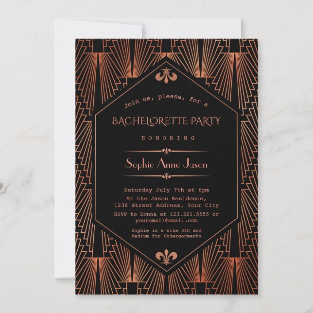 Royal Copper Black Great Gatsby Bachelorette Party Invitation (Front)