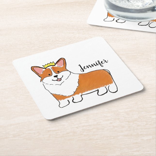 Royal corgi dog personalized square paper coaster (Angled)